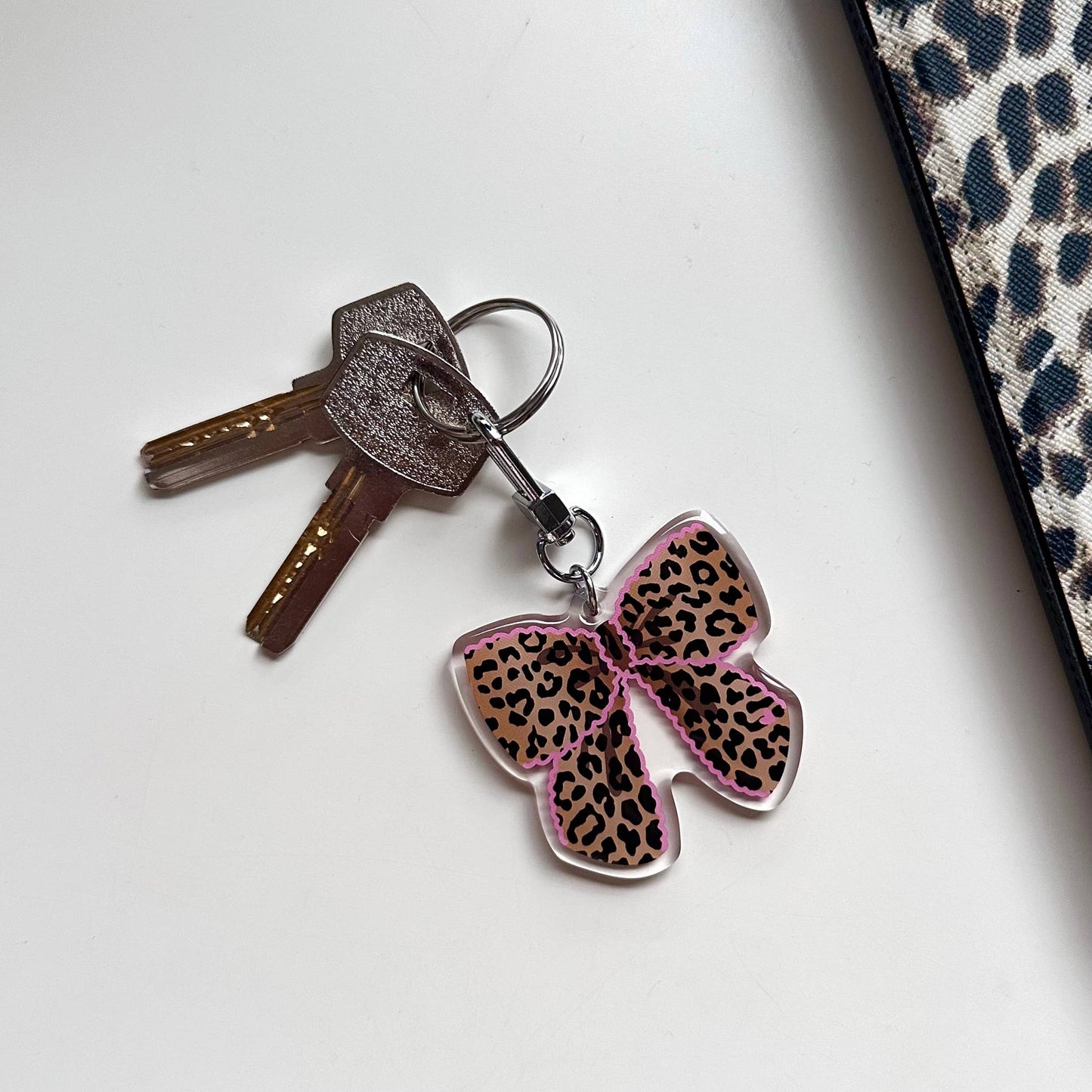 Leopard Bow Keyring Pink Cute Animal Print Gift